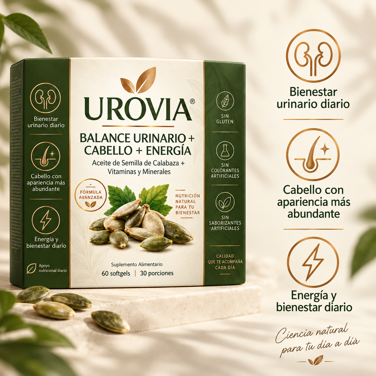 Las cápsulas blandas UROVIA® con aceite de semilla de calabaza – apoyan naturalmente el bienestar urinario, un cabello con apariencia más abundante y la energía diaria desde adentro
