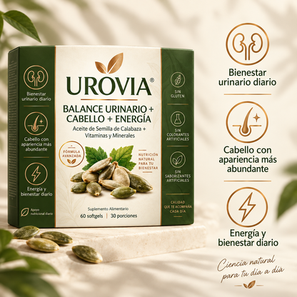 Las cápsulas blandas UROVIA® con aceite de semilla de calabaza – apoyan naturalmente el bienestar urinario, un cabello con apariencia más abundante y la energía diaria desde adentro