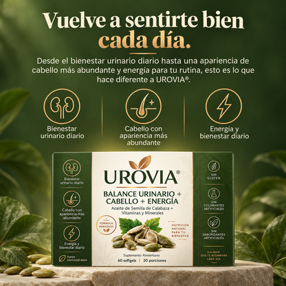 Las cápsulas blandas UROVIA® con aceite de semilla de calabaza – apoyan naturalmente el bienestar urinario, un cabello con apariencia más abundante y la energía diaria desde adentro