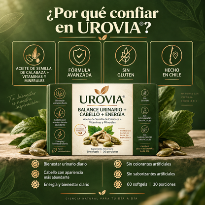 Las cápsulas blandas UROVIA® con aceite de semilla de calabaza – apoyan naturalmente el bienestar urinario, un cabello con apariencia más abundante y la energía diaria desde adentro