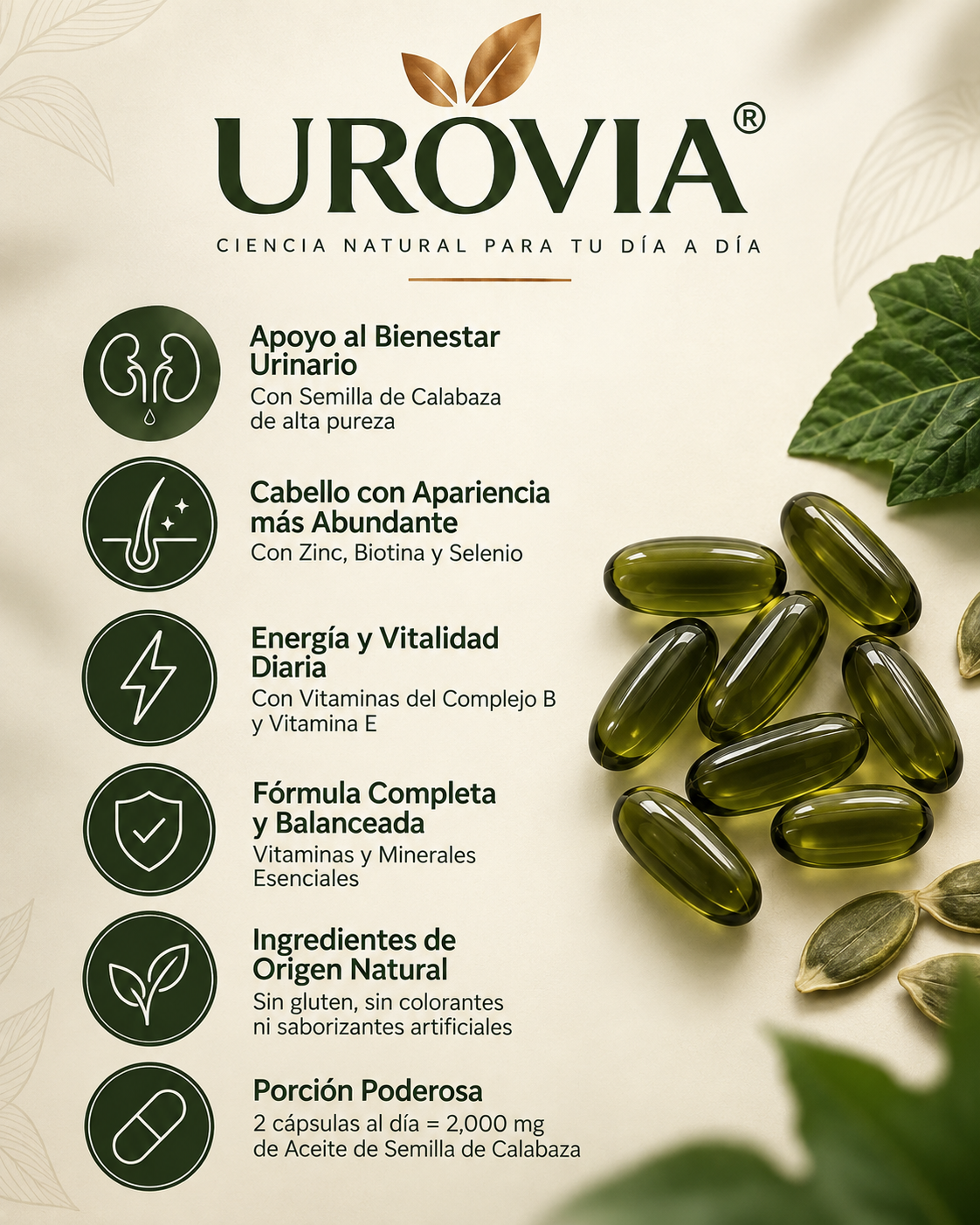 Las cápsulas blandas UROVIA® con aceite de semilla de calabaza – apoyan naturalmente el bienestar urinario, un cabello con apariencia más abundante y la energía diaria desde adentro