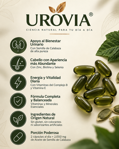 Las cápsulas blandas UROVIA® con aceite de semilla de calabaza – apoyan naturalmente el bienestar urinario, un cabello con apariencia más abundante y la energía diaria desde adentro