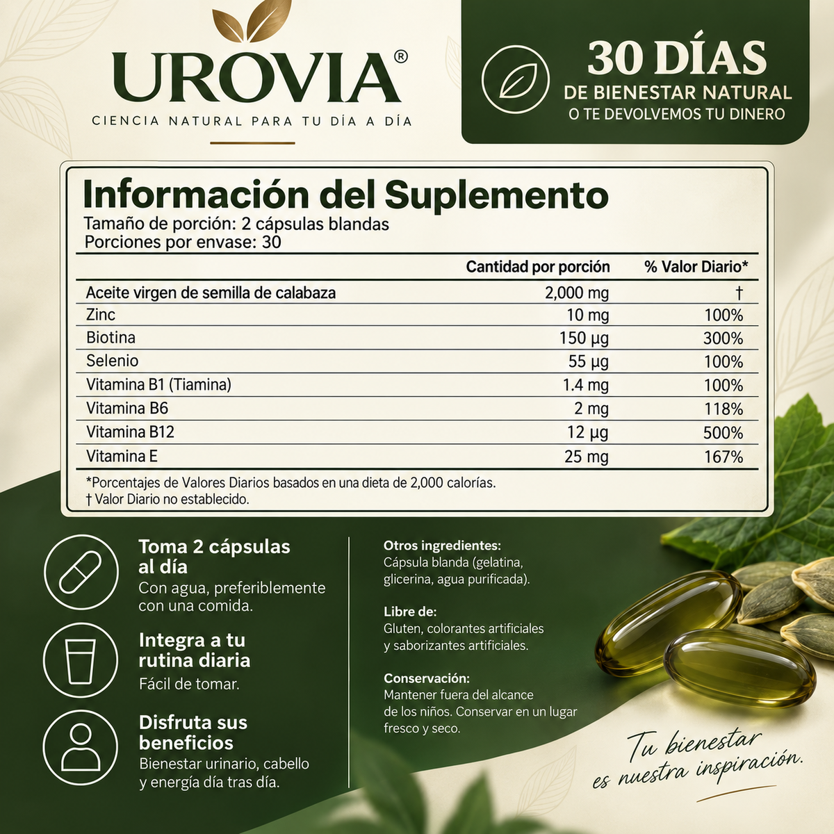 Las cápsulas blandas UROVIA® con aceite de semilla de calabaza – apoyan naturalmente el bienestar urinario, un cabello con apariencia más abundante y la energía diaria desde adentro
