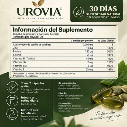 Las cápsulas blandas UROVIA® con aceite de semilla de calabaza – apoyan naturalmente el bienestar urinario, un cabello con apariencia más abundante y la energía diaria desde adentro