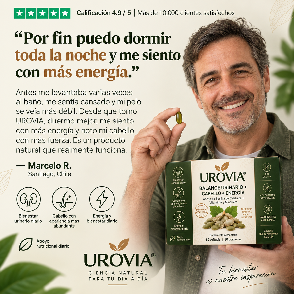 Las cápsulas blandas UROVIA® con aceite de semilla de calabaza – apoyan naturalmente el bienestar urinario, un cabello con apariencia más abundante y la energía diaria desde adentro