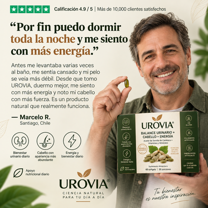 Las cápsulas blandas UROVIA® con aceite de semilla de calabaza – apoyan naturalmente el bienestar urinario, un cabello con apariencia más abundante y la energía diaria desde adentro