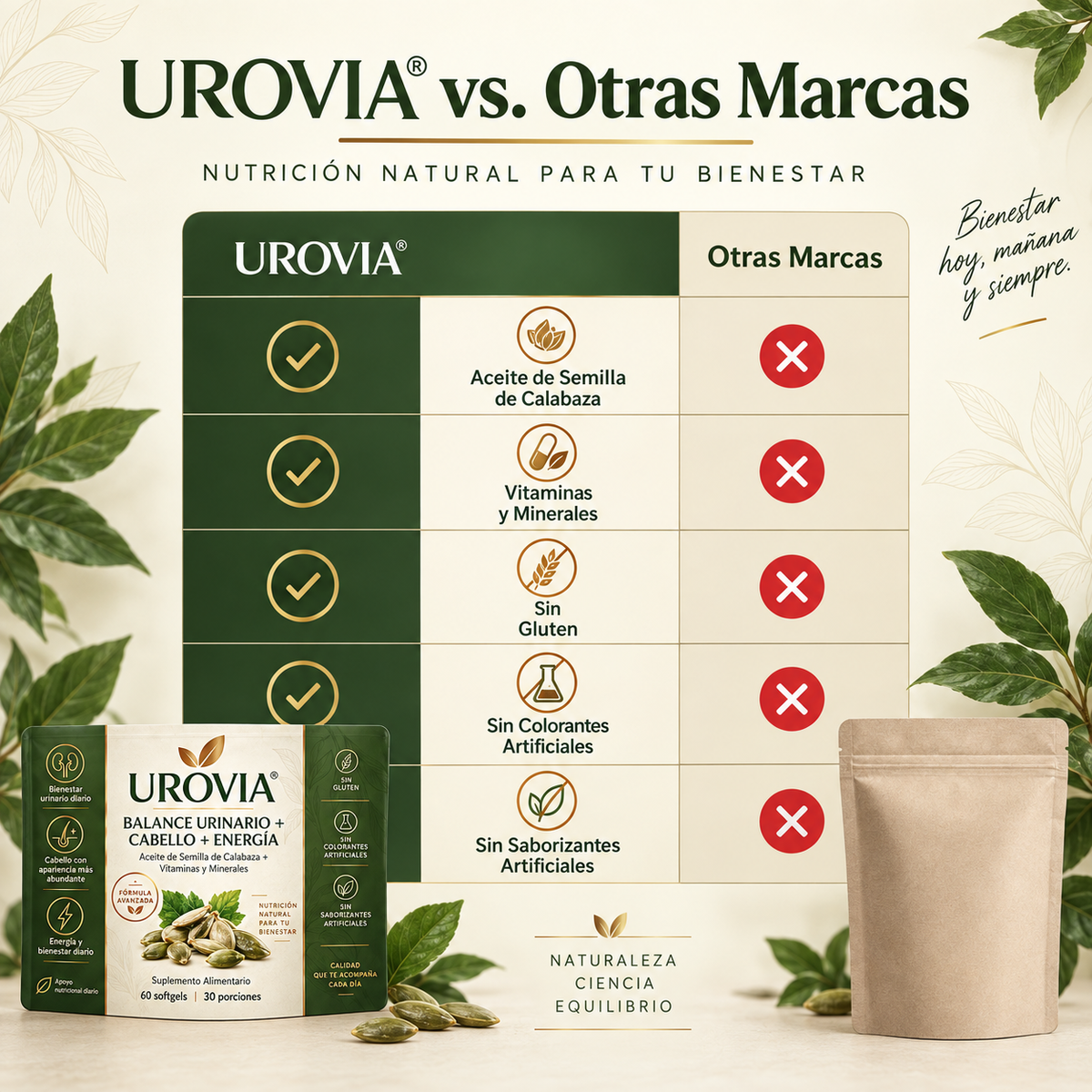 Las cápsulas blandas UROVIA® con aceite de semilla de calabaza – apoyan naturalmente el bienestar urinario, un cabello con apariencia más abundante y la energía diaria desde adentro